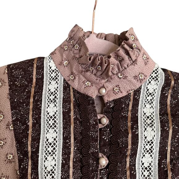 Vintage Boho Dress Prairie Style Brown Floral Print Button Ruffle Trim Size XS - Picture 3 of 8